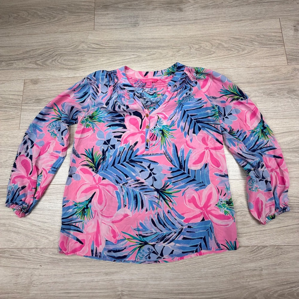 Lilly Pulitzer Elsa Silk Smocked Blouse‎ Top Cockatoo Pink Pretty In Pink Size S
